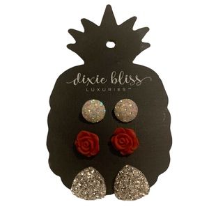 Dixie Bliss Earrings Silver White Sparkly Roses New